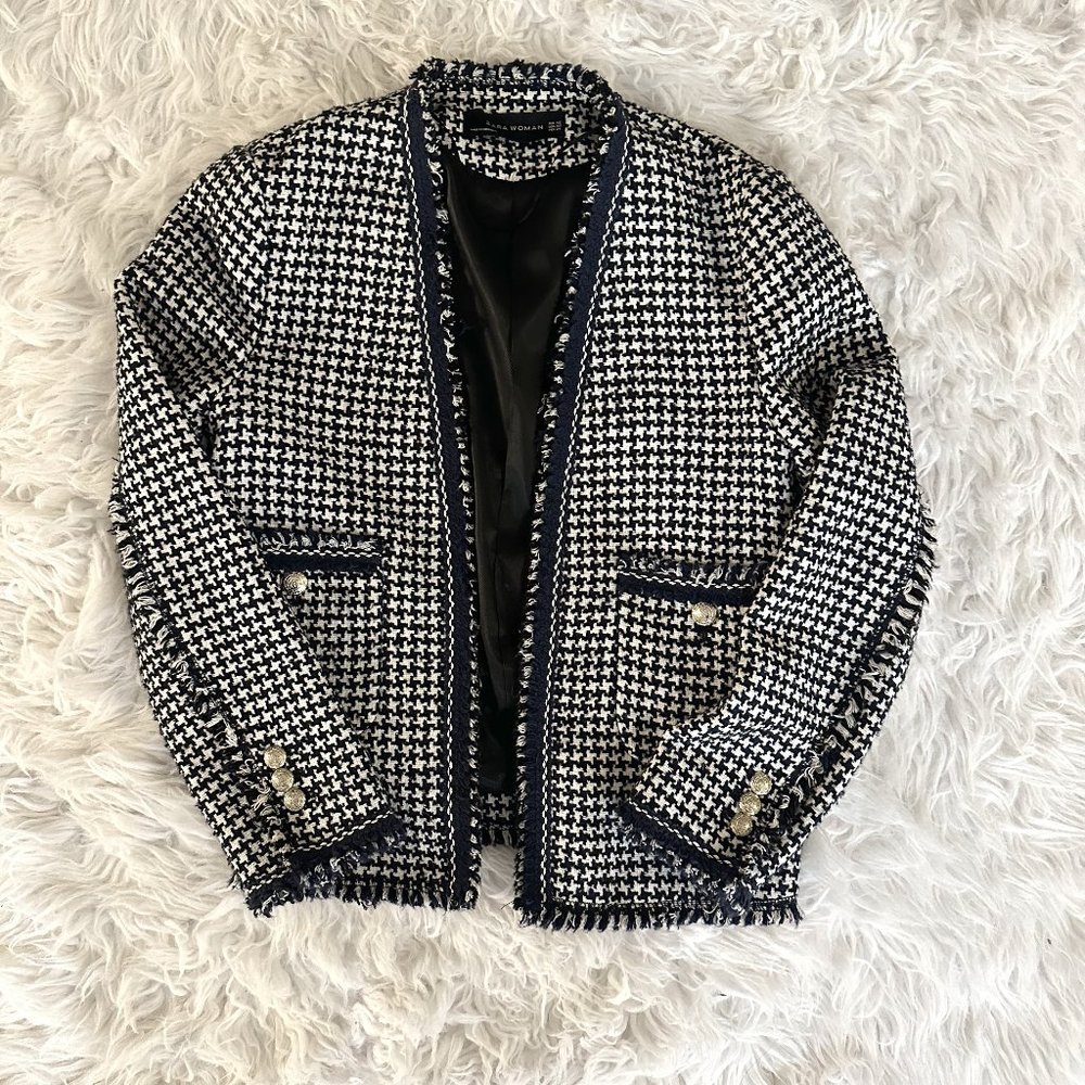 ZARA WOMAN SHORT TWEED COAT Button Navy White Size XS